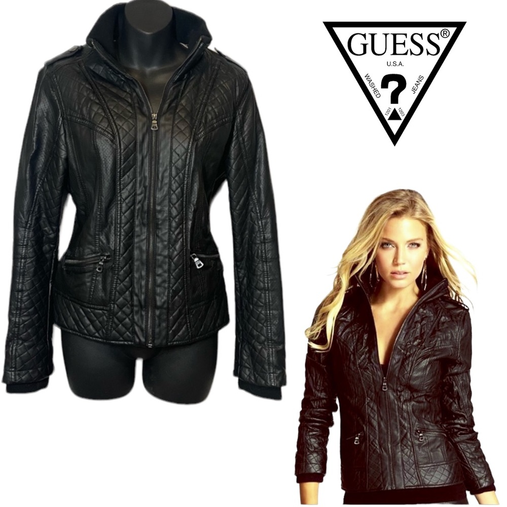 Guess Berlin Faux Leather Jacket Bomber Black Moto Coat Guess Jeans